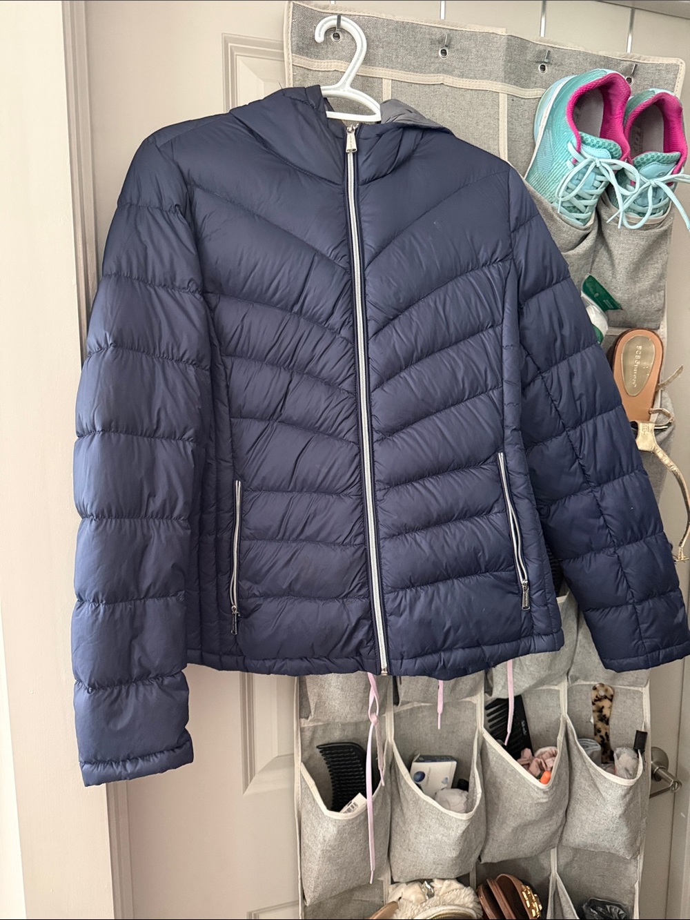 MICHAEL Michael Kors Navy Hooded Chevron Puffer Jacket